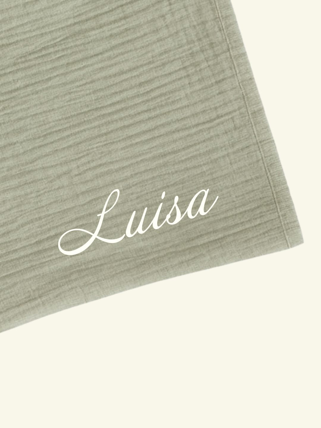 Personalize Babyluv Studio muslin baby blanket, nimeline musliinist beebitekk, pesonaliseeritud musliintekk, tikitud nimega beebitekk, matcha-white