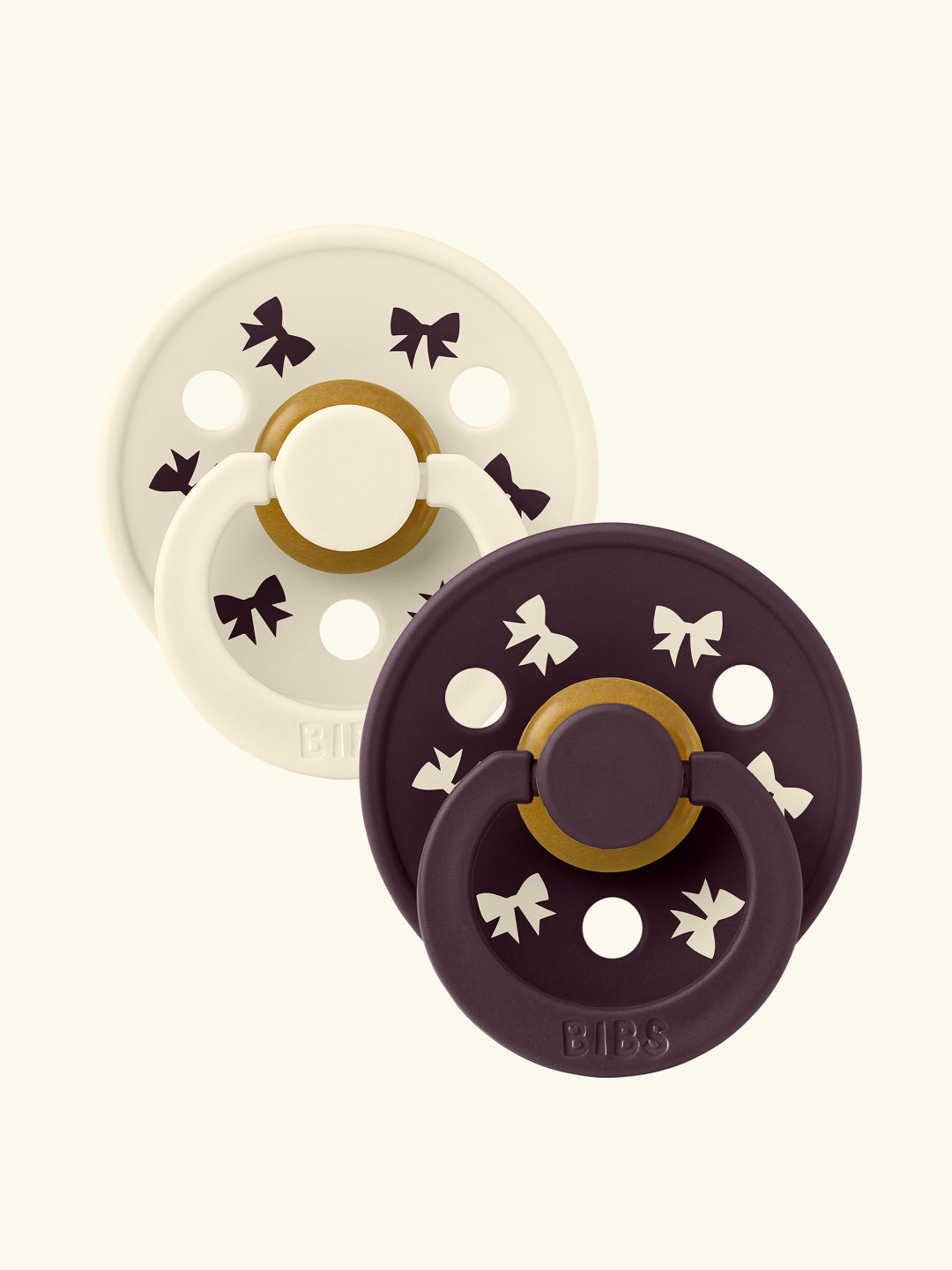 BIBS Retro Holiday Collection, Colour Round Pacifiers, Bow ivory plum, BIBS Retro Holiday kolletsioon, kirsikujulised lutid, lipsumotiiv