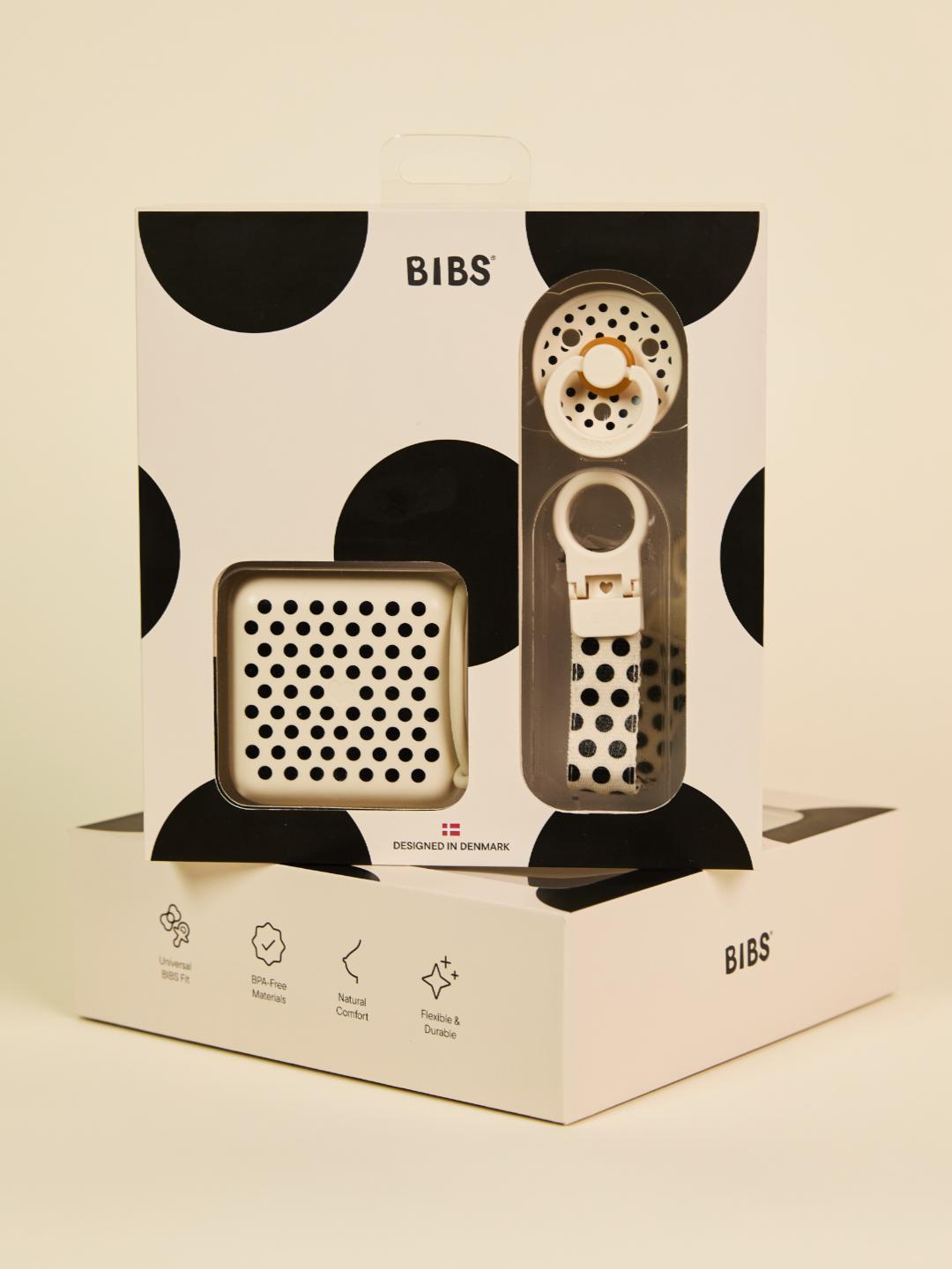 BIBS Sooth&Go Gift Set, Colour Round Pacifier, pacifier box and pacifier clip, Polka Dots, BIBS kinkekomplekt beebilutt, lutikarp ja lutikett, all-groups