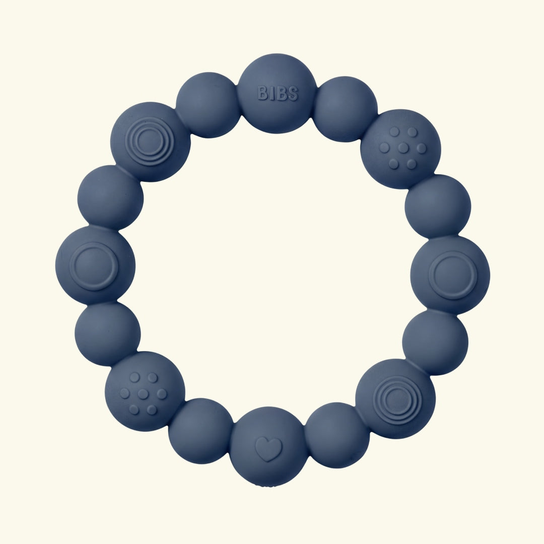 BIBS teething ring beaded, BIBS närimisrõngas närimislelu helmestega, pärlitega, steel blue
