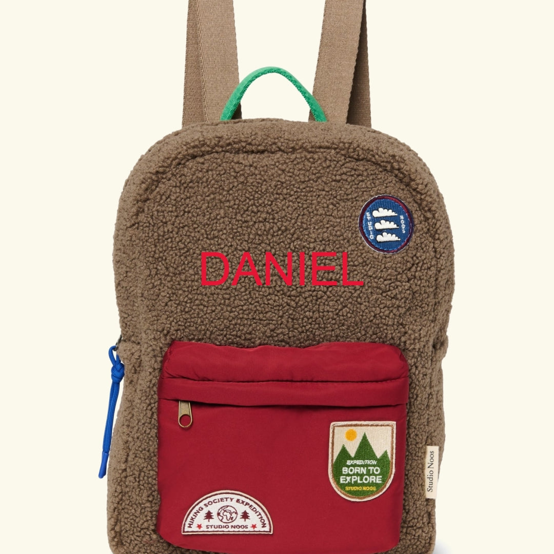 Studio Noos personalized midi backpack with front pocket Brown/Burgundy, Studio Noos tikitud nimega personaliseeritud seljakott Brown/Burgundy