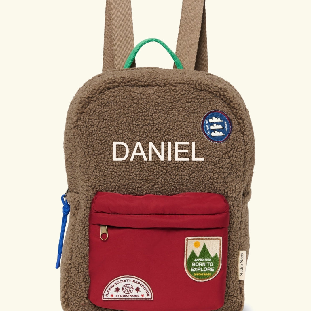 Studio Noos personalized midi backpack with front pocket Brown/Burgundy, Studio Noos tikitud nimega personaliseeritud seljakott Brown/Burgundy