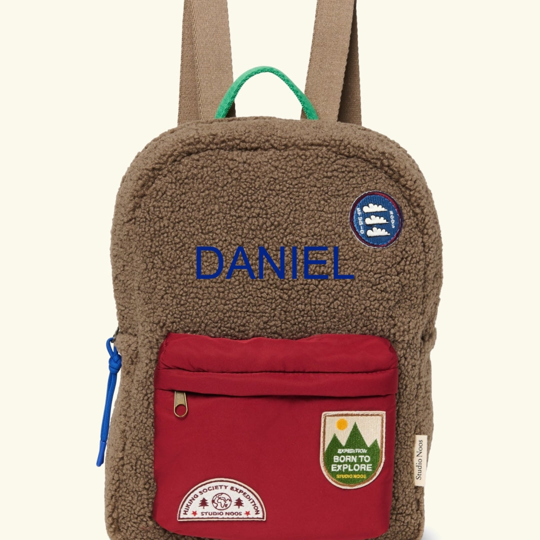 Studio Noos personalized midi backpack with front pocket Brown/Burgundy, Studio Noos tikitud nimega personaliseeritud seljakott Brown/Burgundy