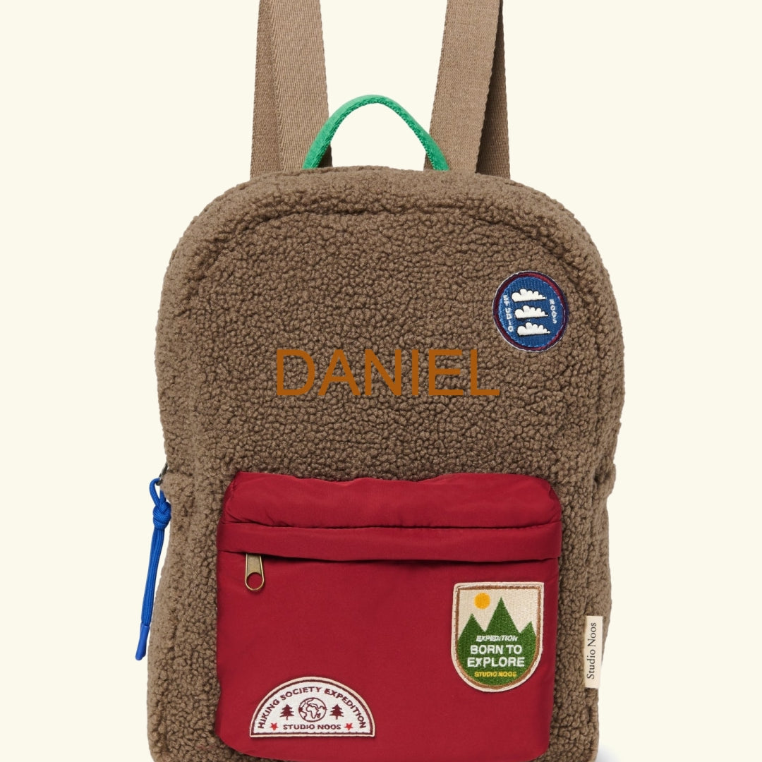Studio Noos personalized midi backpack with front pocket Brown/Burgundy, Studio Noos tikitud nimega personaliseeritud seljakott Brown/Burgundy
