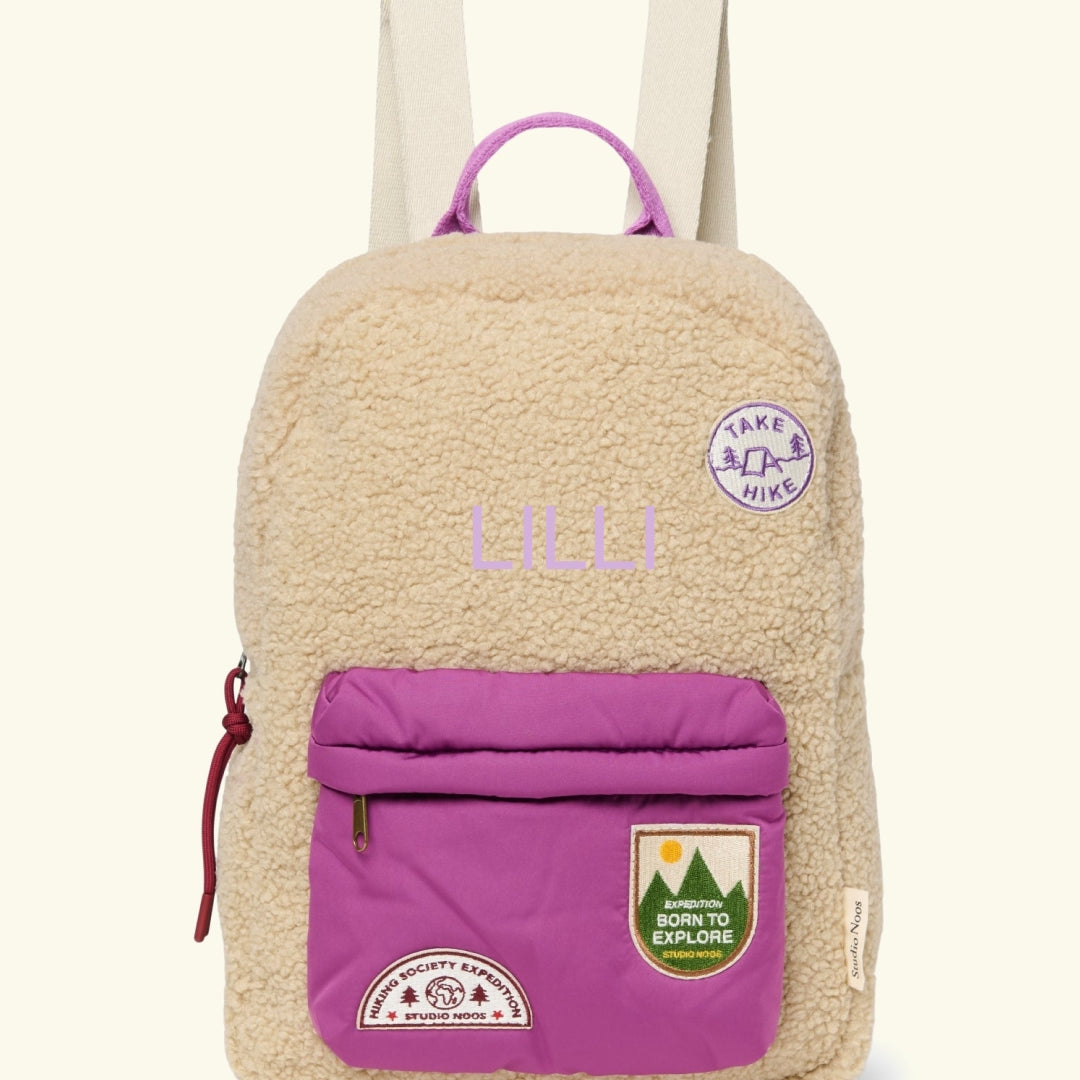 Studio Noos personalized midi backpack with front pocket Ecru/Purple, Studio Noos tikitud nimega personaliseeritud seljakott Ecru/Purple