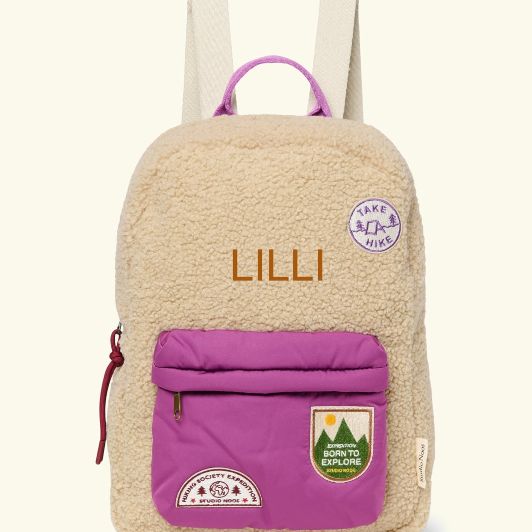 Studio Noos personalized midi backpack with front pocket Ecru/Purple, Studio Noos tikitud nimega personaliseeritud seljakott Ecru/Purple