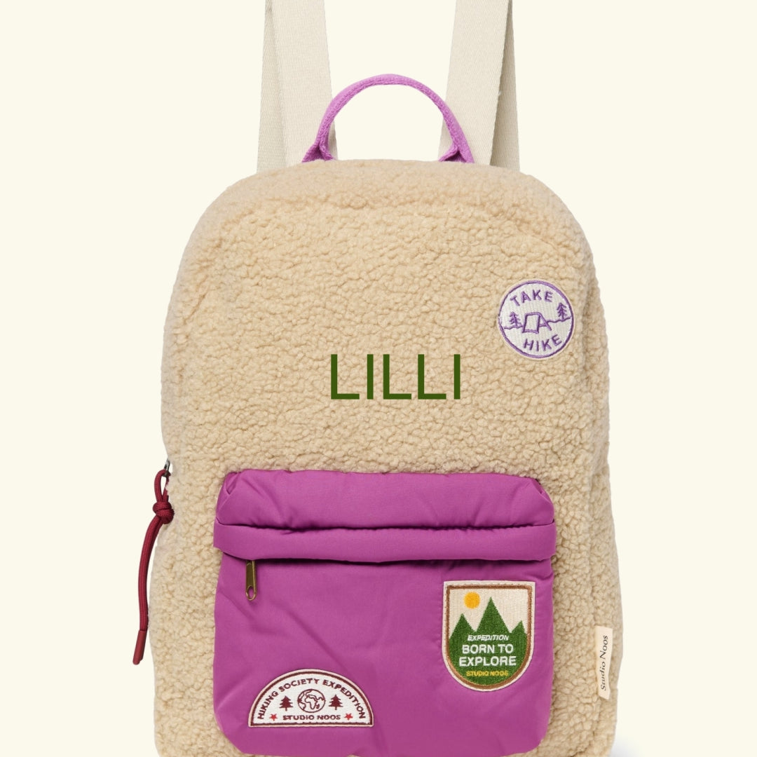 Studio Noos personalized midi backpack with front pocket Ecru/Purple, Studio Noos tikitud nimega personaliseeritud seljakott Ecru/Purple