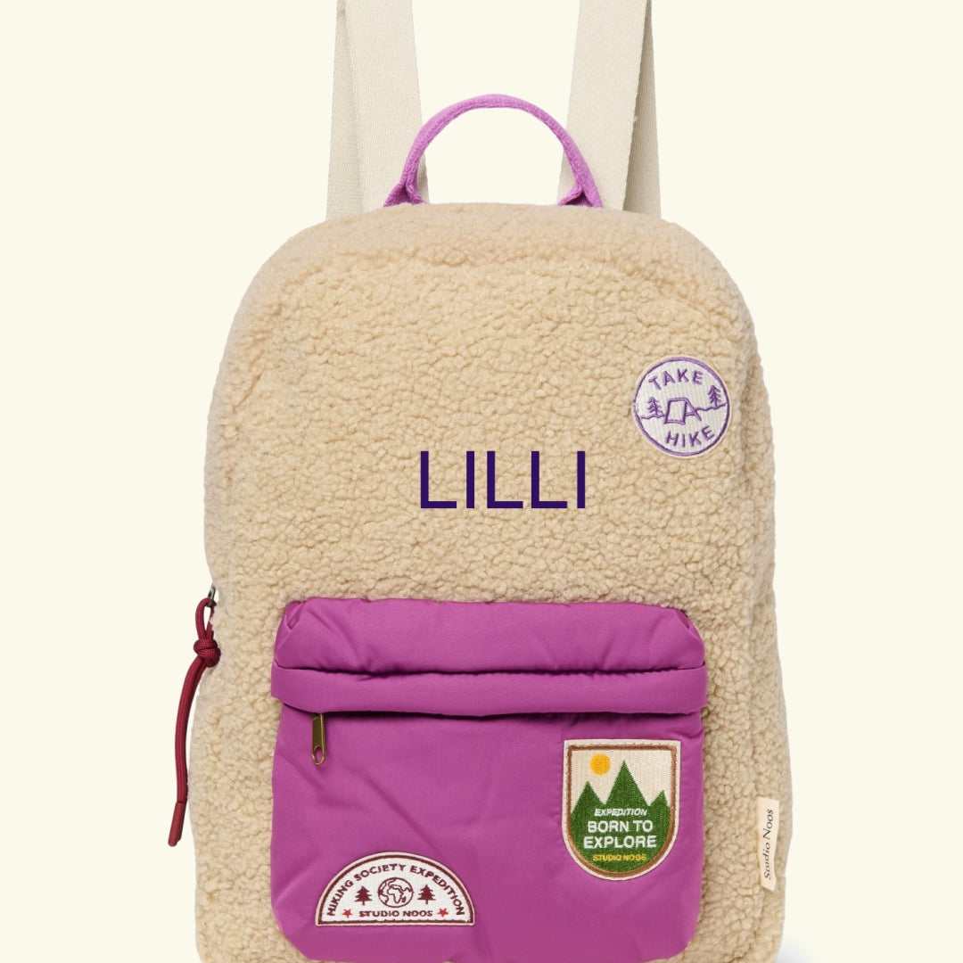 Studio Noos personalized midi backpack with front pocket Ecru/Purple, Studio Noos tikitud nimega personaliseeritud seljakott Ecru/Purple