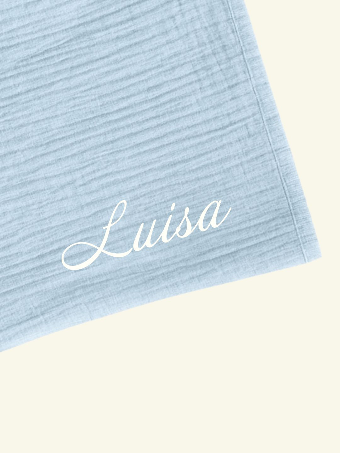 Personalize Babyluv Studio muslin baby blanket, nimeline musliinist beebitekk, pesonaliseeritud musliintekk, tikitud nimega beebitekk, daydream-white