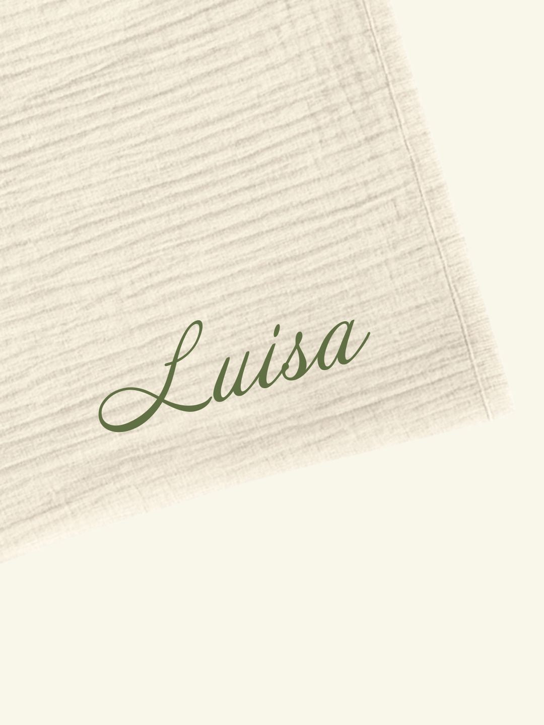 Personalize Babyluv Studio muslin baby blanket, nimeline musliinist beebitekk, pesonaliseeritud musliintekk, tikitud nimega beebitekk, buttermilk-dark green