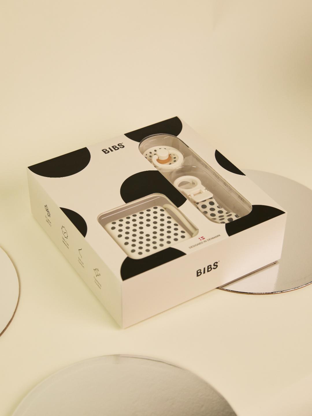 BIBS Sooth&Go Gift Set, Colour Round Pacifier, pacifier box and pacifier clip, Polka Dots, BIBS kinkekomplekt beebilutt, lutikarp ja lutikett, all-groups