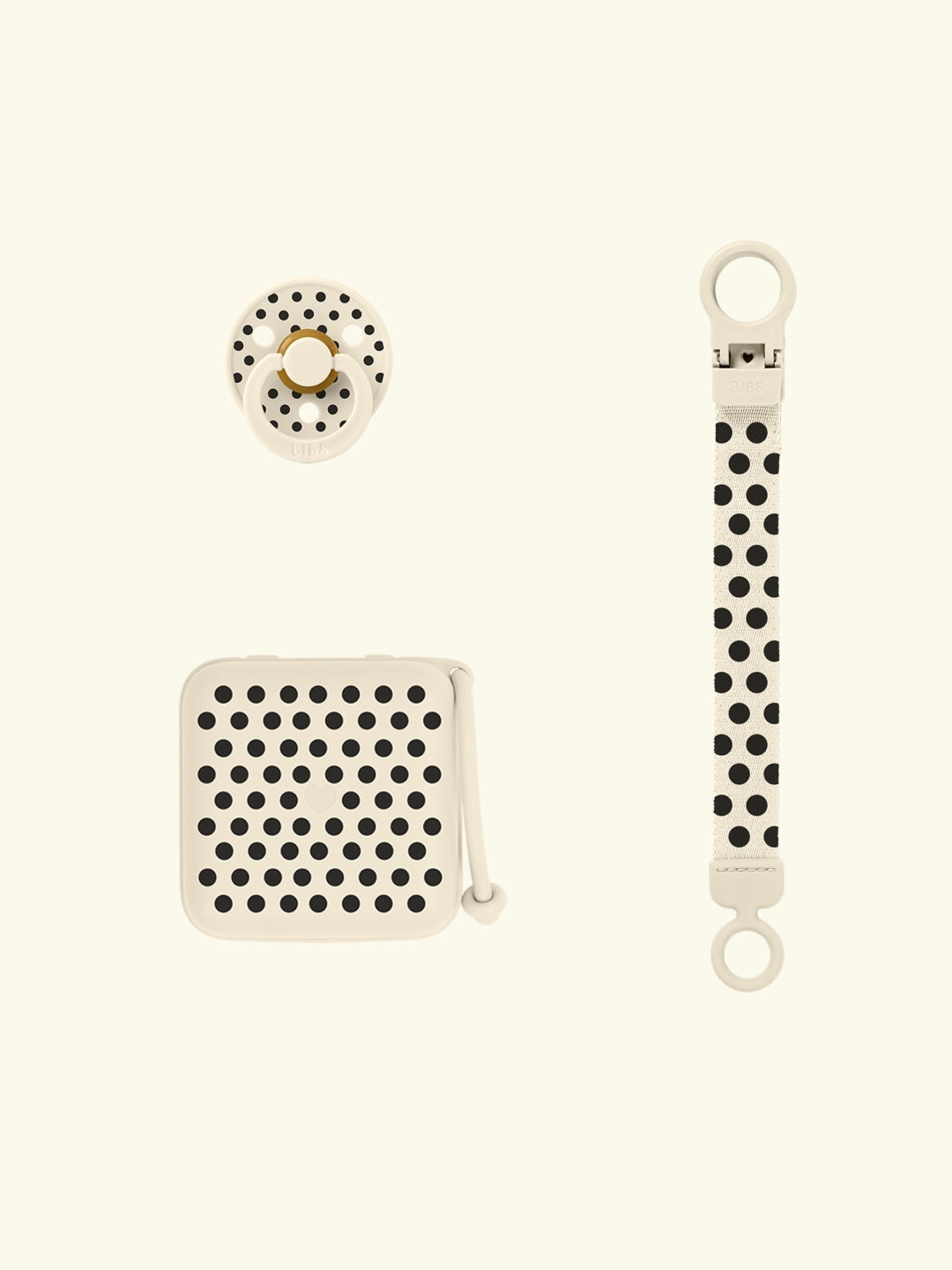 BIBS Gift Set Colour Round Pacifier, pacifier box and pacifier clip, Polka Dots, BIBS kinkekomplekt beebilutt, lutikarp ja lutikett