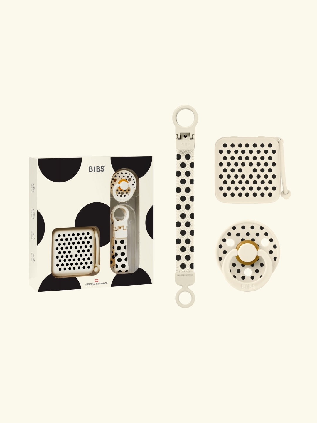BIBS Sooth&Go Gift Set, Colour Round Pacifier, pacifier box and pacifier clip, Polka Dots, BIBS kinkekomplekt beebilutt, lutikarp ja lutikett, all-groups
