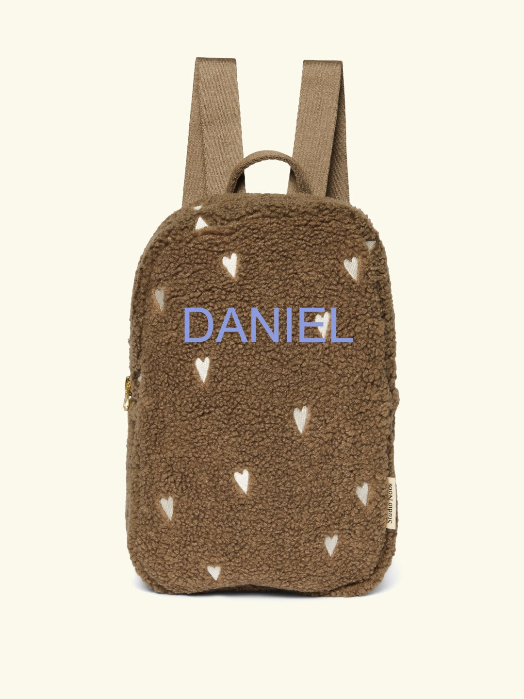 Studio Noos personalized backpack brown hearts, Studio Noos nimeline seljakott tikitud nimega Brown südametega