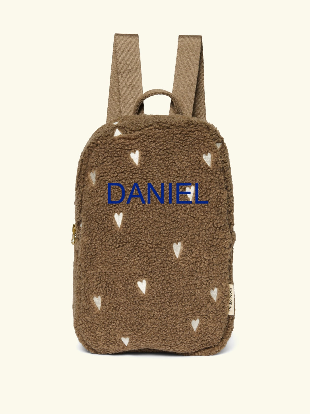 Studio Noos personalized backpack brown hearts, Studio Noos nimeline seljakott tikitud nimega Brown südametega