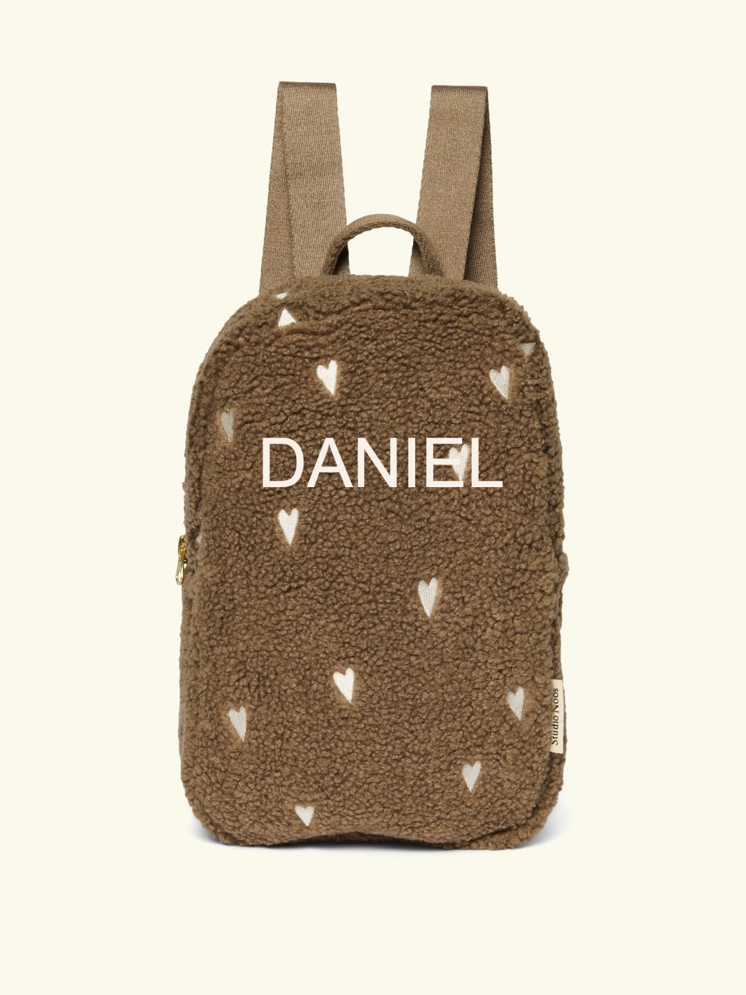 Studio Noos personalized backpack brown hearts, Studio Noos nimeline seljakott tikitud nimega Brown südametega